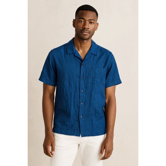 FRAME Blue Short Sleeve Cotton Button Up Camp Shirt Top Mens Size Medium - Picture 1 of 9